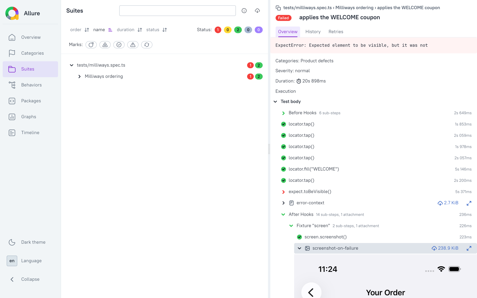 A failed test showing the error, the failing step, and the screenshot on failure