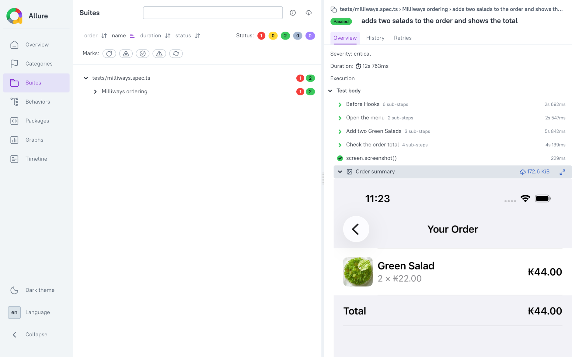 A passed test with its steps and the attached order screenshot