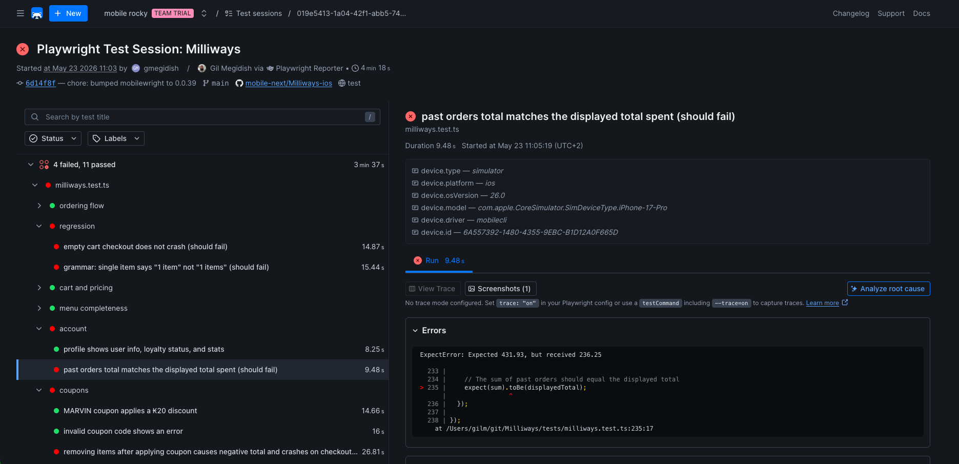 Checkly test results dashboard