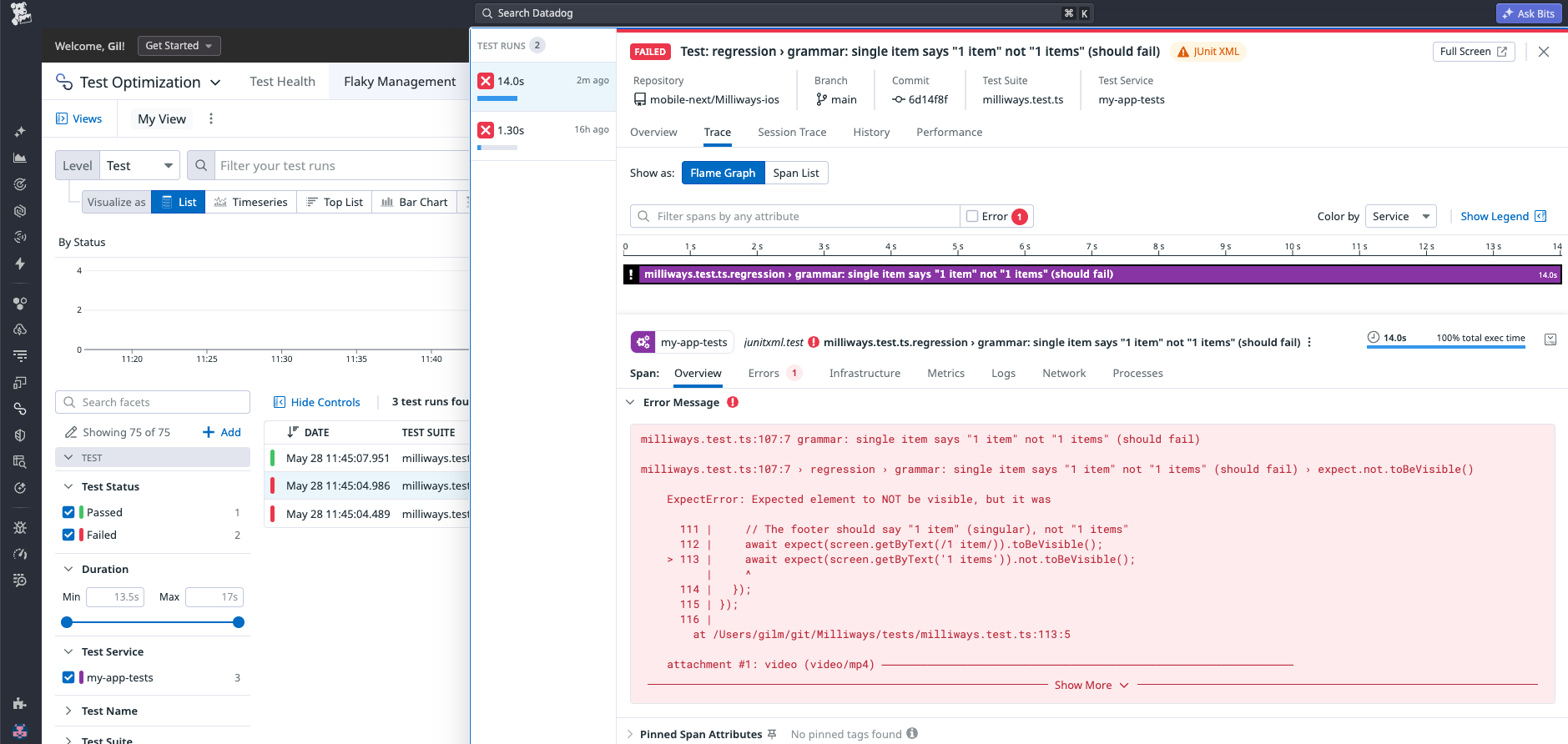 Datadog Test Optimization showing Mobilewright test results