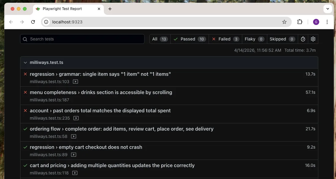 Mobilewright HTML report: 13 tests, 10 passed, 3 failed, each with duration and a recorded video