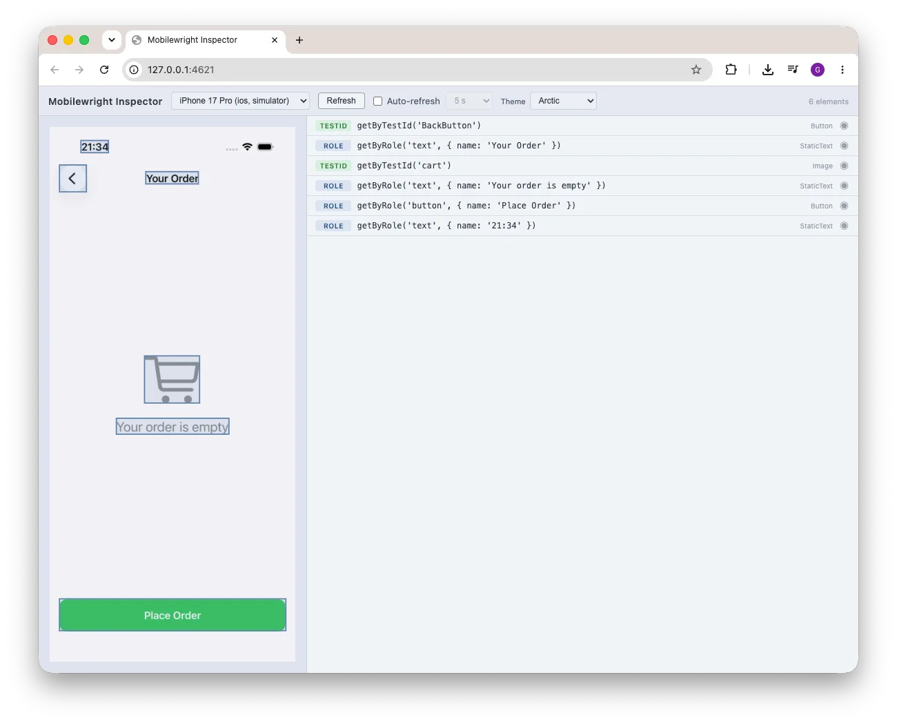 Mobilewright Inspector showing a live device screenshot beside its element list, each row with a suggested locator